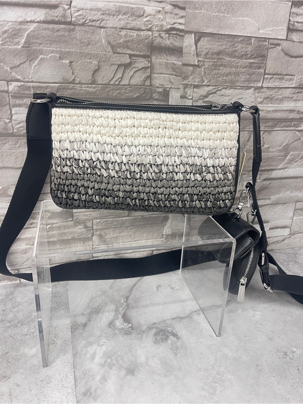 Michael Kors Straw Tech Crossbody Bag Black White Gray Ombré & Matching Wallet - Picture 5 of 12